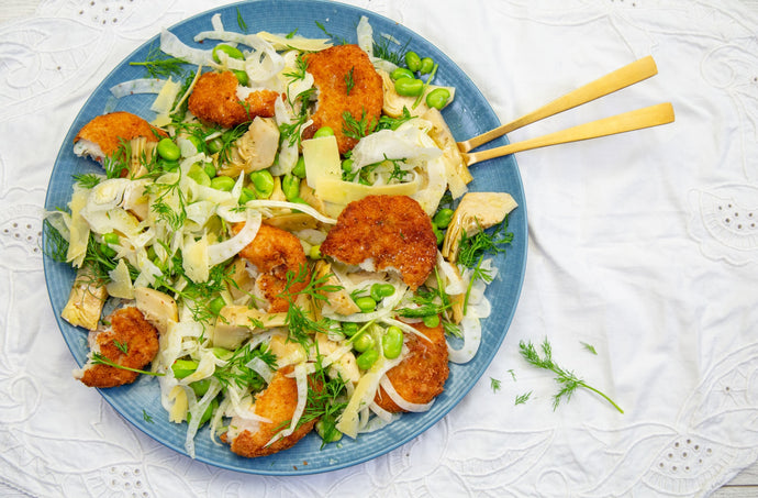 Crab Cakes with Fennel, Artichoke and Broad Bean salad Recipe