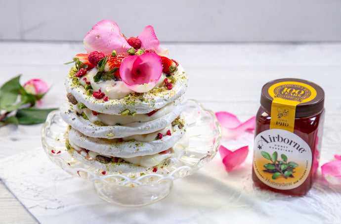 Strawberry, Pistachio & Honey Meringue Layer Cake Recipe